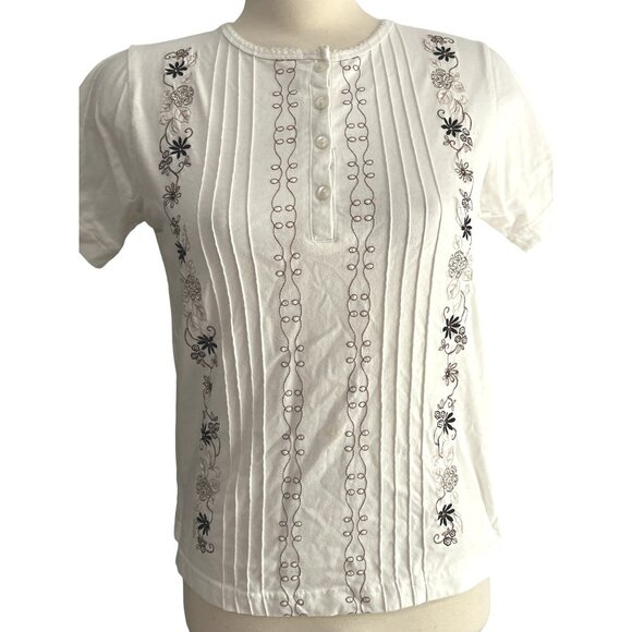Shenanigans Vintage Pleated Embroided Short Sleeve T Shirt Sz Small Womens White - Picture 7 of 8